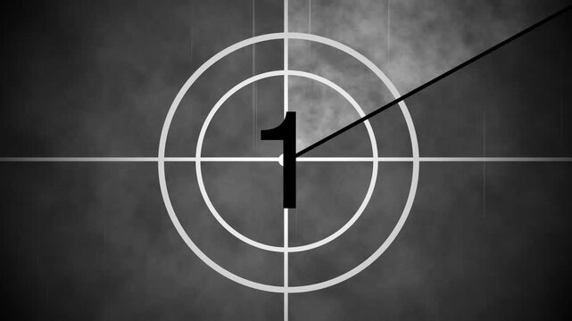 Vintage black and white film countdown timer with numbers, circular leader, scratches and smoky old cinema texture in 4K animation