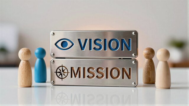 Vision and mission plates surrounded by wooden figurines on a reflective surface.