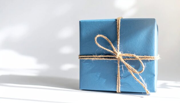 Blue gift box with twine bow on white background.