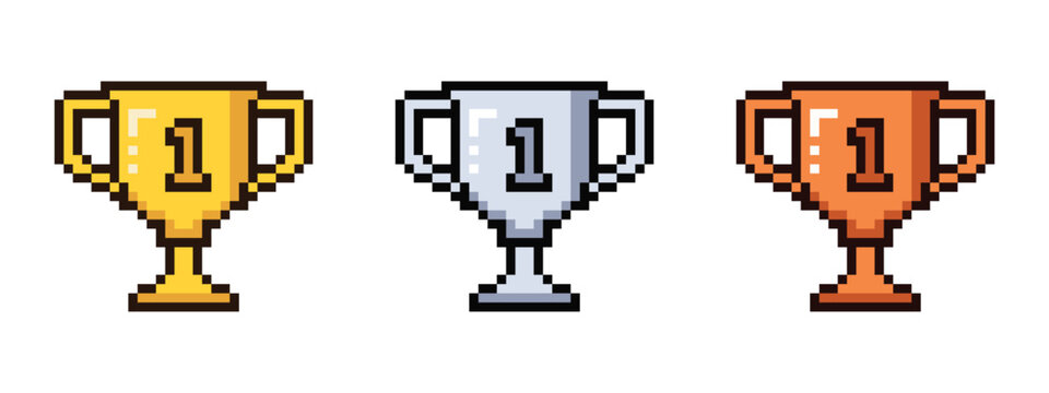 Pixel Art Trophy Set for First Place. Gold, Silver, and Bronze Medals. Award Icons for Sports and Competition. Winner Trophy Collection