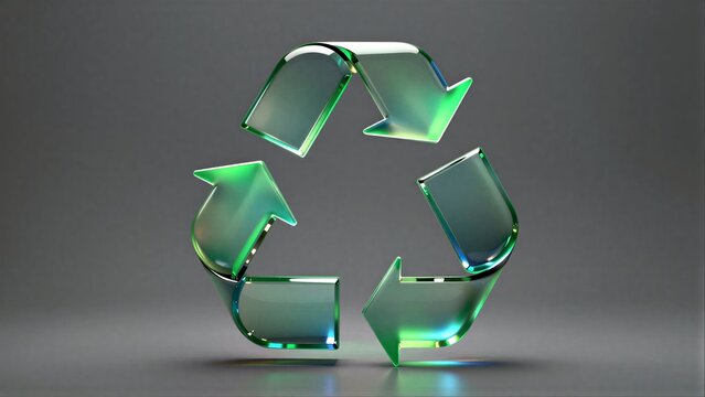 Shiny green recycling symbol on dark background, representing environmental sustainability.