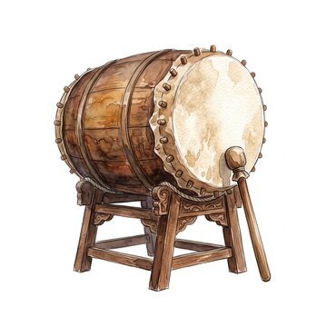Watercolor bedug mosque drum on wooden stand on white background