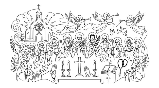 Christian Saints and Angels Celebrating in Church Line Art