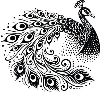 Elegant black silhouette of a graceful peacock with intricate feather patterns and decorative elements, perfect for design projects, vector art, and creative graphics