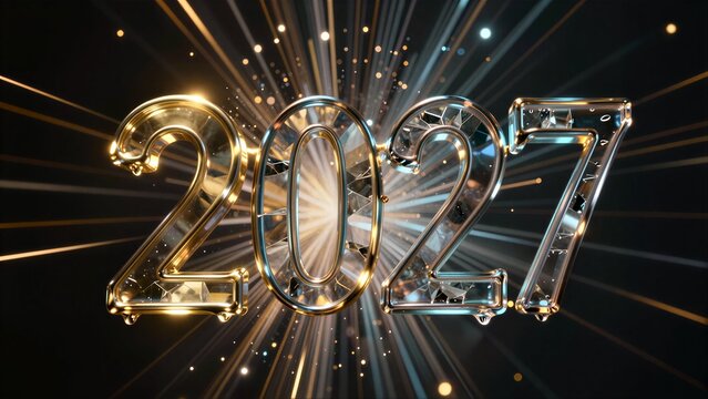 Shiny 2027 numbers burst with light against a dark, sparkling background.