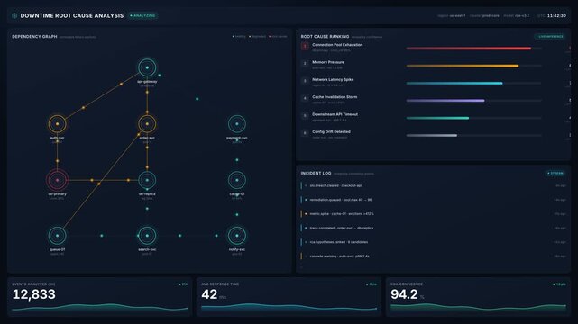 Downtime root cause analysis dashboard with dependency graph ranking charts in 4k, for system reliability, incident response, smart monitoring operations