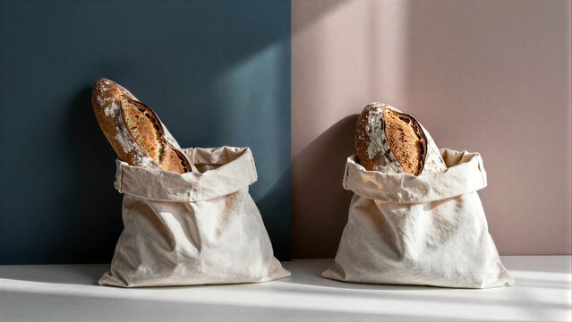 Two artisanal loaves of bread nestled in rustic cloth bags on a sunlit table.