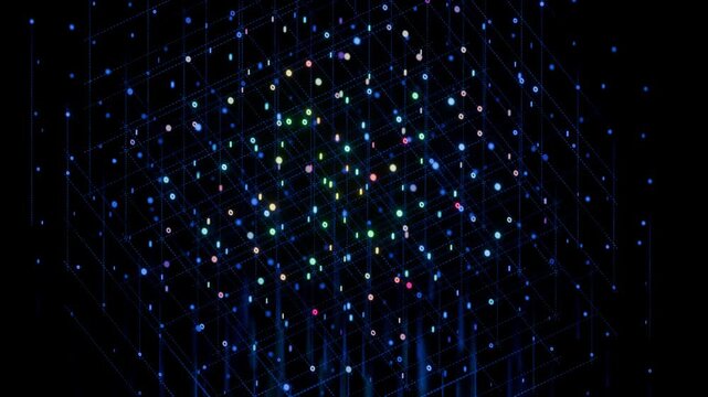 seamless loop 16:9 3d video graphic of a blockchain cryptographic hash function featuring animated glowing binary code numbers transforming in a futuristic cyber matrix grid lattice