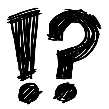 Black hand drawn exclamation and question mark, graffiti style scribble punctuation symbols isolated on transparent background
