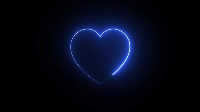 Blue neon heart shape loop showing glowing outline animation. Blue neon heart shape loop featuring a glowing blue outline tracing continuously against a solid black background. Seamless loop
