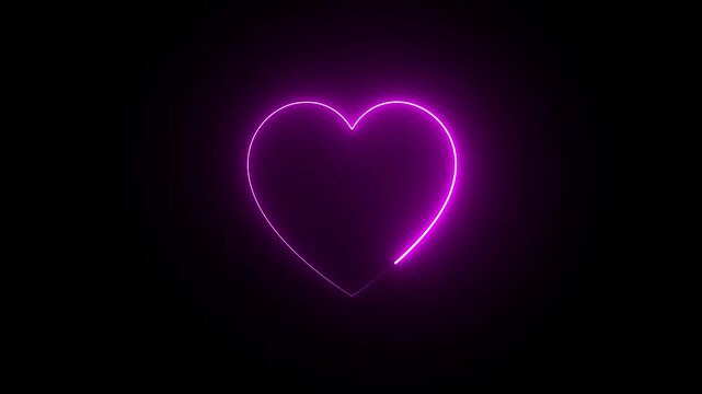 Pink neon heart shape loop showing glowing outline animation. Pink neon heart shape loop featuring a glowing pink outline tracing continuously against a solid black background. Seamless loop