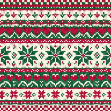Christmas Knit Pattern: Festive seamless pattern with traditional Christmas motifs like snowflakes and hearts, rendered in a cozy, knitted texture. Perfect for holiday designs and winter apparel.