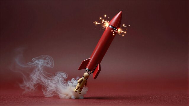 A red rocket launching with smoke against a dark background.