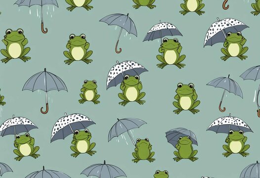 playful frogs with umbrellas in rain pattern design