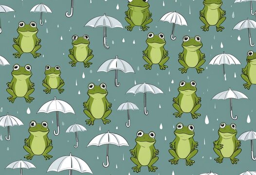 playful frogs holding umbrellas in the rain pattern design