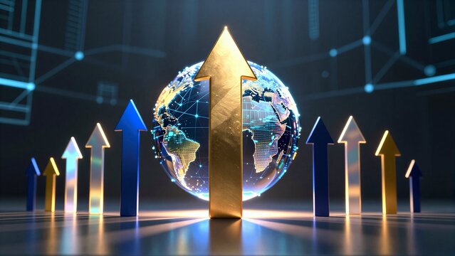 A collection of upward-pointing arrows forming a globe in a modern, digital setting