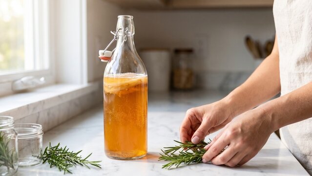 Glass bottle of homemade organic kombucha fermenting with scoby and fresh rosemary on marble kitchen counter