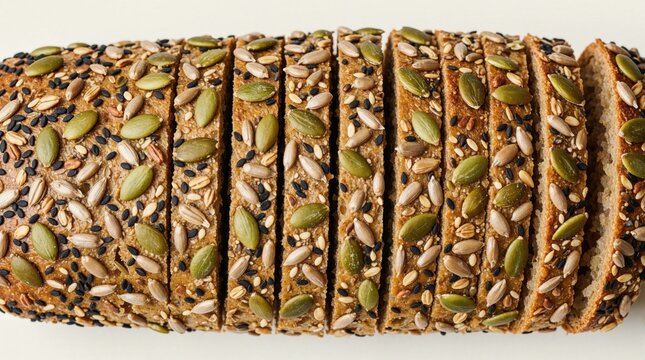 Sliced whole grain bread loaf with assorted seeds on white background. Healthy multigrain sourdough bread features pumpkin, sunflower, sesame seeds. Close up top view of nutritious breakfast food for
