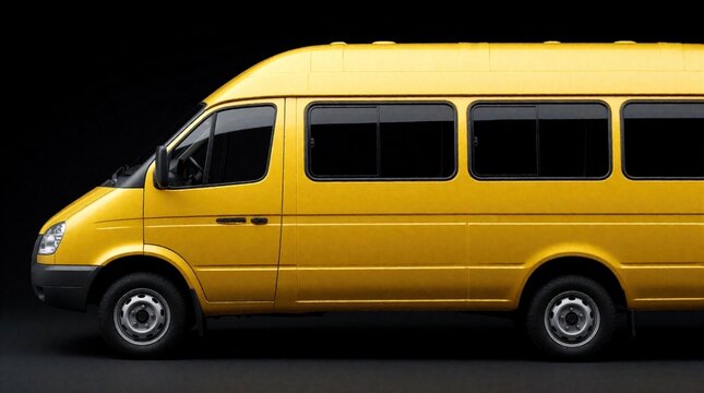 Yellow marshrutka minibus side view on black background. Ukrainian public transport van used for local intercity passenger travel. Small shuttle vehicle for urban commuting, regional trips in East