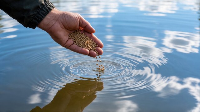 A person's hand scatters small feed pellets into calm, reflective lake water, creating soft ripples.