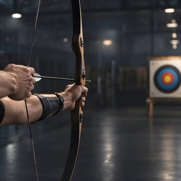 Archery training session with archer holding bow and arrow aimed at target in indoor range