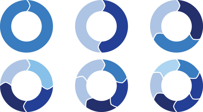 Blue circular process charts with various segments for business infographic data analysis and step workflow diagram