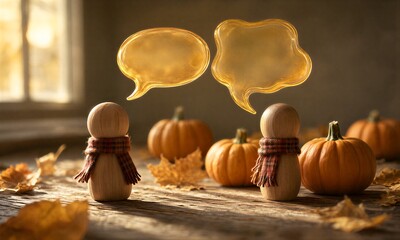 Fototapeta premium Two wooden figures with scarves converse under autumn pumpkins, golden speech bubbles above their heads.