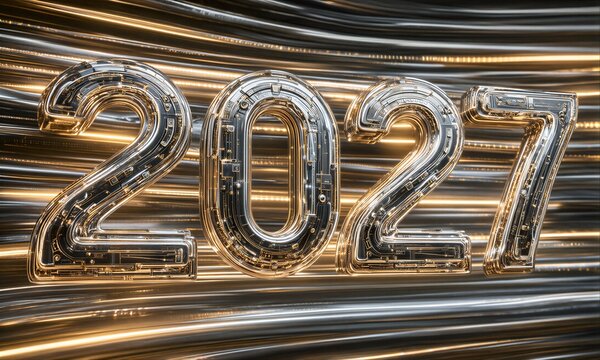 Shiny 2027 numbers glowing against dynamic golden motion blur background.