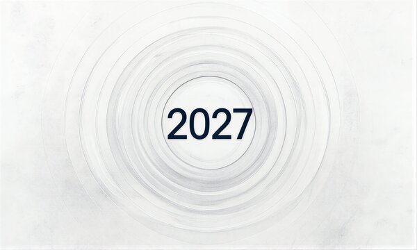 Circular pencil strokes surround bold 2027 text on a minimalist white background.