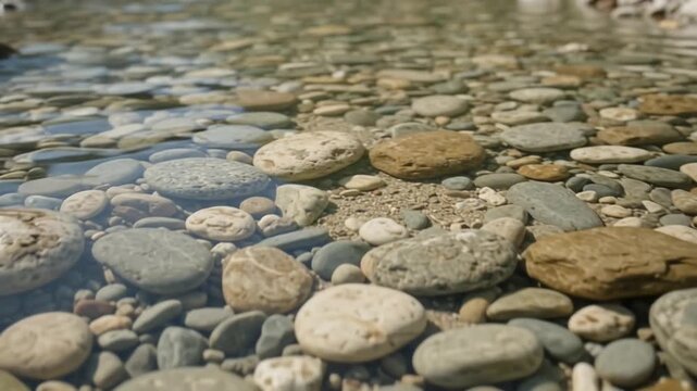 Clear stream water flowing over smooth river pebbles and stones in a  shallow mountain creek bed