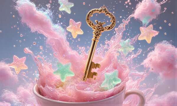 Golden key erupts from pink liquid, stars swirl in magical cup.