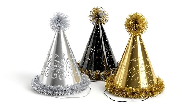 Three festive party hats in silver, black, and gold with tinsel and pom-poms, ready for celebration.