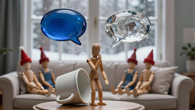 Wooden figures converse with speech bubbles, one cup tipped over.