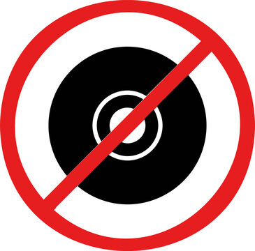 Prohibited CD or DVD disc sign, red prohibition circle with diagonal line over black compact disc, no optical media storage icon vector