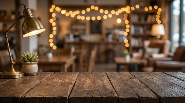 Cozy rustic wooden cafe table mockup with vintage brass lamp and warm bokeh string lights