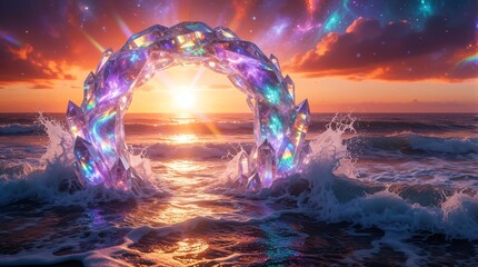 Fototapeta premium Magical crystal arch glows over ocean waves at sunset. Fantasy portal made of sparkling gems stands in sea water. Dreamy landscape with colorful nebula sky, golden sun light. Surreal coastal scene