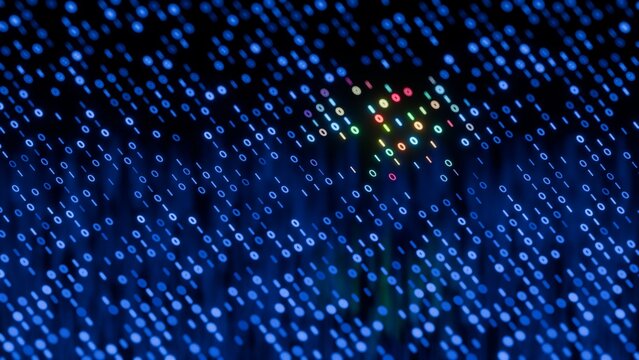 : 3d realistic render of glowing binary sequence zero and one matrix for blockchain hash function algorithm and encrypted data network visualization