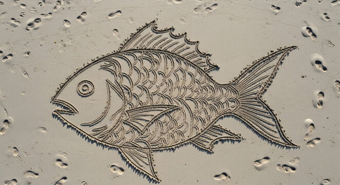 Fish drawing etched into smooth white beach sand with visible footprints surrounding the creative artistic ocean animal design outdoors