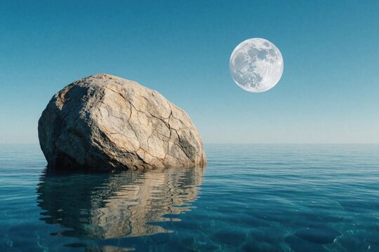 Large rock sits in calm blue ocean water under bright sky. Huge full moon floats above sea surface in surreal landscape. Dreamy cosmic scene with calm waves, giant stone. Fantasy concept of lunar