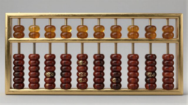 Golden abacus with polished wooden beads, traditional counting tool.