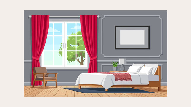 A modern bedroom interior features gray walls, vibrant red curtains, and a white bed with a red runner, viewed through a window overlooking a green tree.