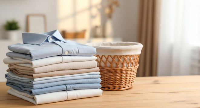 Stack of clean folded shirts and a wicker laundry basket on a wooden table in a bright sunny room