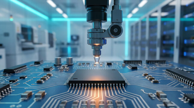 A robotic arm performs precise work on a microchip, highlighting advanced technology in a high-tech electronics manufacturing lab.