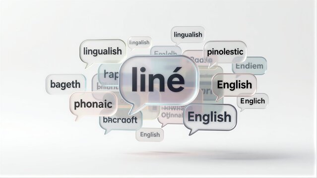 Speech bubbles surround a central line bubble, representing linguistic diversity.