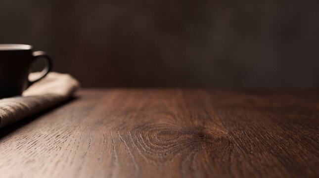 Wooden table with a cup and cloth in a simple setting