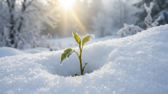 A small green plant sprouts through fresh snow under bright sunlight in a winter forest, symbolizing resilience and new life amid cold conditions.