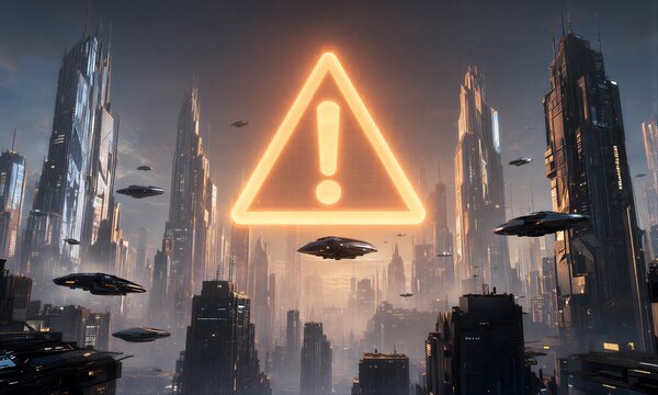 Futuristic cityscape with glowing warning sign and flying spacecrafts.