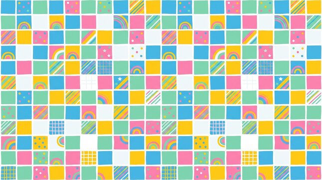 Cute Playful Doodle Grid Pattern Colorful Kids Seamless Background