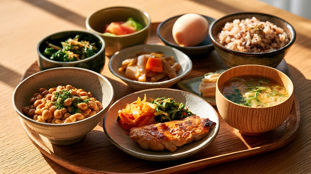 Traditional Japanese breakfast tray with grilled salmon, natto, egg, multigrain rice and miso soup