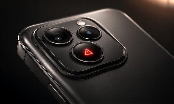 Close-up of smartphone camera module with glowing red triangle logo.